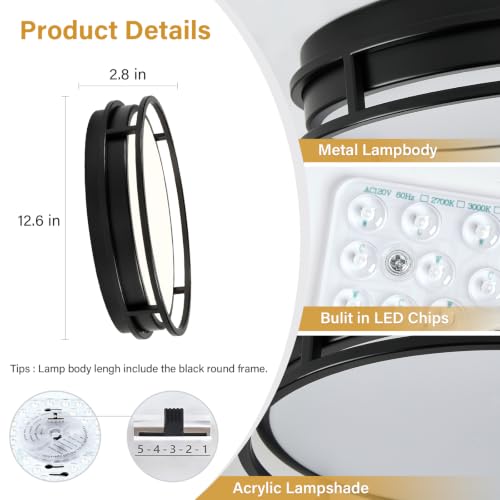 Modern Flush Mount Ceiling Light, Black Dimmable Ceiling Light Fixture - color: Black, size: 12.6in