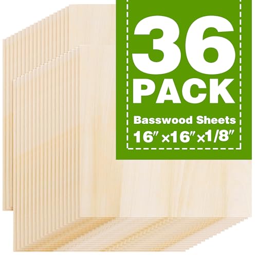 Basswood Sheets 16"x16"x1/8",3mm Basswood for Laser Cutting,Thin Plywood Board Unfinished Wood for Crafts, DIY Architectural Models Making, Wood Engraving (16inchx16inch-1/8-36Packs) - size: 16inchx16inch-1/8-36Packs