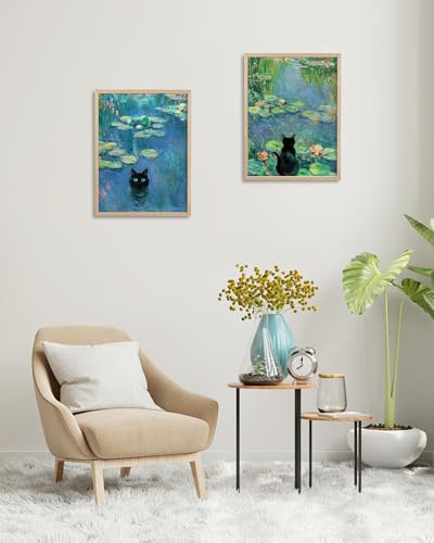 HesenDot 12x16in Claude Monet Waterlily Cat Framed Wall Art, - color: Framed Full Monet Waterlily Cat