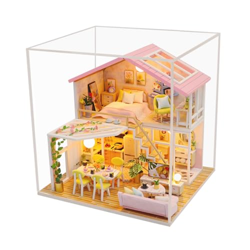 MAGQOO Miniature House Kit DIY Miniacture Dollhouse Kits with Furniture and LED Dust Proof 1:24 Wooden Dollhouse Kit (Sweet Time) - color: Sweet Time