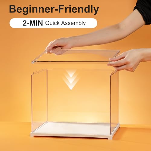 Rolife Acrylic Display Case for Miniature House and Collectibles, Clear Dust Cover Showcase with Door, Stackable Storage Box with White Base(8.1 x 6.9 x 5.4in) - size: 8.1"x6.9"x5.4"