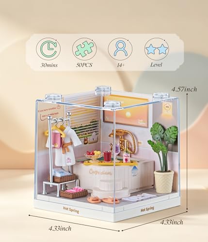 Japanese Hot Spring Bathroom Super Miniature House Kit - DIY Plastic 3D Model Building Set for Teens, Build Your Own Spa Bathroom with Dustproof Case, Creative Craft Gift for Girls Women - color: Hot Spring, size: Small