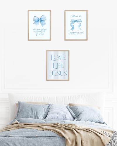 HesenDot Blue Bow Psalm 139:14 Bible Verse OAK Frame Wall Art 12x16in - color: Blue Bow Psalm 139:14