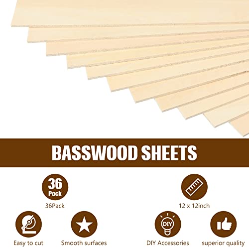 Riakrum Basswood Sheets Plywood Board Unfinished Wood Boards for Crafts for DIY Laser Projects Architectural Mini House Building Hobby Model Making(12 x 12 x 1/16 Inch,36) - size: 12 x 12 x 1/16 Inch