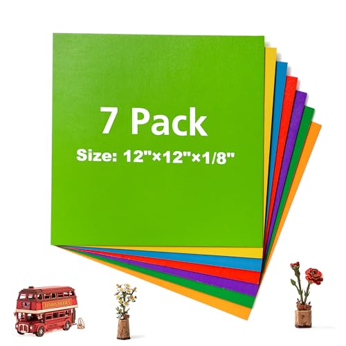 7 Pack Colored Plywood Sheets, 12 x 12 x 1/8 Inch, Rolling Paint Process with Bright Colors, 3mm Plywood for Laser Cutting, Wood Burning and DIY Wood Crafts - 7 Colors - color: Rainbow 7-Pack, size: 1/8" x 12" x 12"