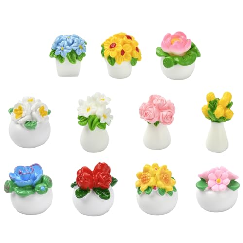 Stiesy 22 Pcs Resin Flower Pot Miniatures Ornaments 11 Styles Mini Plant Decor for Succulent Arrangement Tabletop Micro Landscape Display Home Office Accent - color: Flower Plant-22pcs
