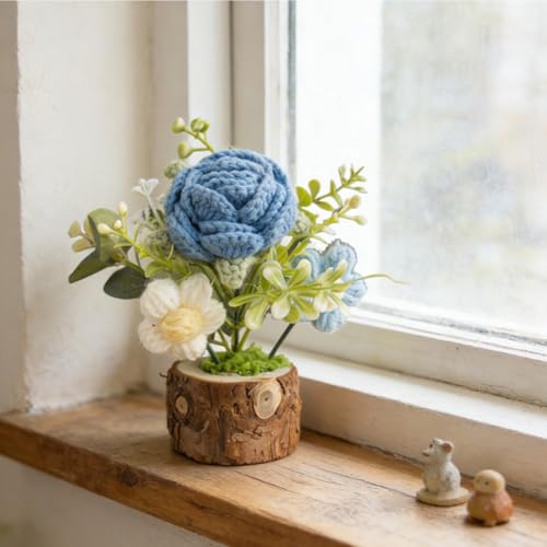 Crochet Blue Rose Flowers Bouquet for Women Office Desk Decor - color: Blue Rose