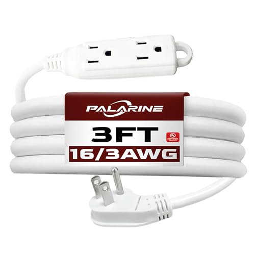 3 Ft White Flat Plug Extension Cord with 3 Outlets, 16 Gauge Heavy Duty - color: White, size: 3 FT