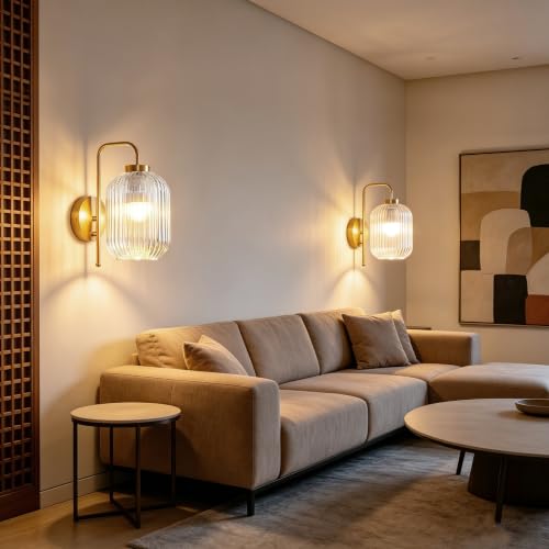 Vintage Battery Operated Wall Sconces, Clear Glass Lampshade - color: Gold-Clear Shade