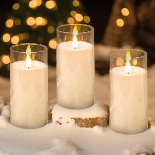 NICEME Flickering Flameless Candles with Remote Control Timer Unbreakable Acrylic Battery Operated LED Candles with Flickering Flame 3D Wick for Romantic Ambience Home Decor Set of 3, D3” xH6” - color: Ivory + Clear Acrylic, size: D 3”×H 6”6”6”