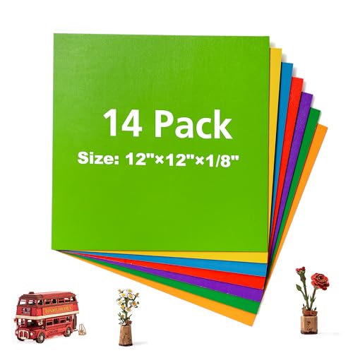 Plywood Sheets, 3mm Basswood for Laser Cutting and Engraving, Thin Plywood Board Blanks for Architectural Models and DIY Wood Crafts, 12 x 12 x 1/8 Inch - color: Colored 14-Pack, size: 1/8" x 12" x 12"