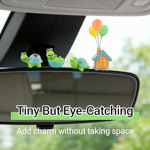 4 Pcs Mini Resin Tortoise Figurines with Blue Small House Balloon, Small Flowerpot, Cute Car Dashboard Decor, Rearview Mirror Ornaments, Fairy Garden Landscape Decor