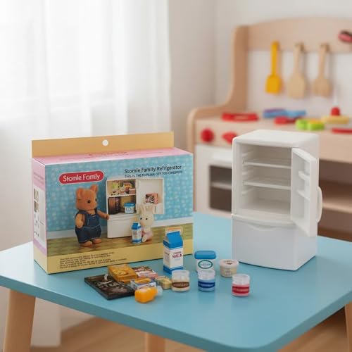 Family Dollhouse Refrigerator Set — Mini Fridge with Opening Doors, Interior Shelves, Milk Carton, Yogurt Tub, Ice Cream Cups & Topping Jars — Dollhouse Furniture & Accessories for Ages 3+ - style: Refrigerator Set