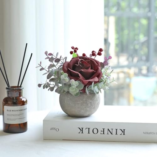 Small Artificial Burgundy Rose Potted Plant, 2 Pcs Mini Faux Decor - color: 2pcs Burgundy