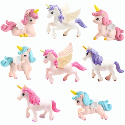 Cute Mini Flying Horse Unicorn Model Figure Cake Toppers 8 Pcs Fairy Garden Miniature Unicorn Figurines DIY Moss Landscape Craft Dollhouse Birthday Party Decorations