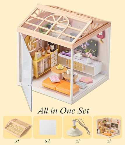 Modern Living Room DIY Miniature House Kit with Roof & LED Light, Stackable & Connectable Dollhouse Kit with Dustproof Door, Creative DIY Crafts Building Toy Gift for Adults Teens - color: Livingroom, size: Meduim