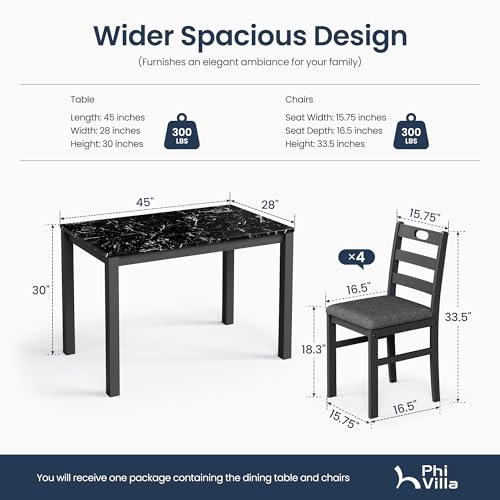 PHI VILLA Dining Table Set for 4, Marble Design Kitchen Table and Chairs - color: Venatino Black Marble&gray