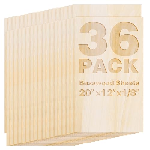 Basswood Sheets 20"x12"x1/8",3mm Basswood for Laser Cutting,Thin Plywood Board Unfinished Wood for Crafts, DIY Architectural Models Making, Wood Engraving (20inchx12inch-1/8-36Packs) - size: 20inchx12inch-1/8-36Packs