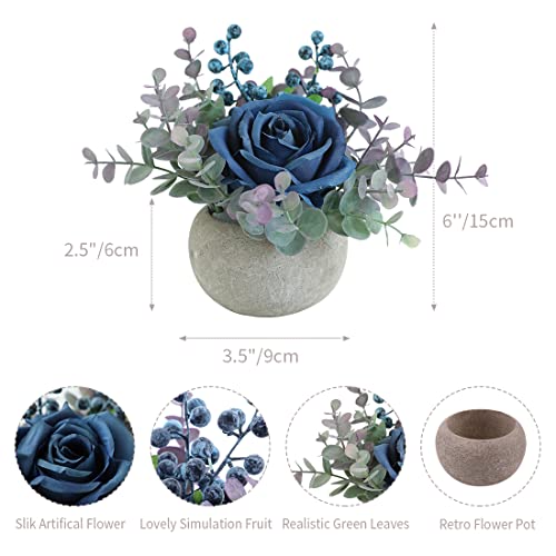 Small Artificial Blue Rose Potted Plant, Mini Faux Floral Decor - color: Blue