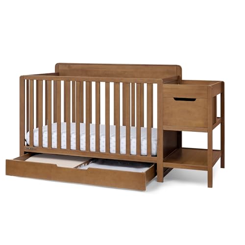 Delta Children Maya 5-in-1 Convertible Crib and Changer with Storage, Converts to Toddler Bed, Daybed, Sofa & Full Bed, Greenguard Gold Certified, 3 Mattress Heights for Baby, Chestnut - color: Chestnut