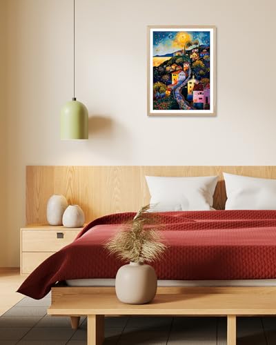 HesenDot Night Village Framed Wall Art,12x16in Natural OAK Wood - color: Framed Klimt Village Night
