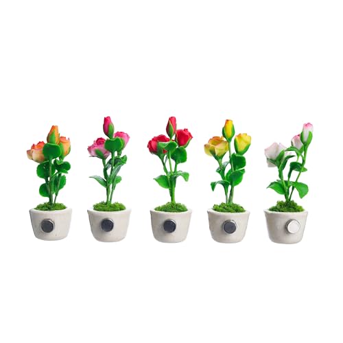 5 Miniature Roses Fridge Tiny Magnets Flower Clay Pots Collection Set Ceramic Plants Scale 1:12 For Gifts Home Office Kitchen Decoration