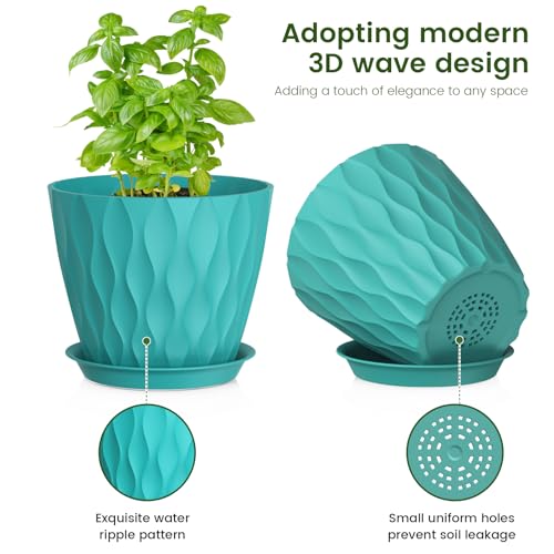 Meowell 7/6.5/6/5.5/5/4.5/4 inch Plant Pots for Indoor Outdoor Plants, 7 Pack Thick Flower Pots with Drainage Holes and Saucers, Modern Wave Texture Small Plastic Planters Nursery Pots, Blue Green - color: Blue Green, size: 7+6.5+6+5.5+5+4.5+4 inch 7 piec
