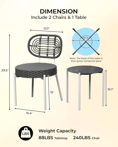 GarveeLife 3 Piece Wicker Patio Bistro Furniture Set, Outdoor Dining Chairs, Includes 2 Rattan Chairs and Tempered Glass Table, for Garden, Backyard, Balcony, Apartment, White & Grey - color: White & Grey