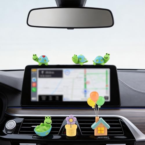 4 Pcs Mini Resin Tortoise Figurines with Blue Small House Balloon, Small Flowerpot, Cute Car Dashboard Decor, Rearview Mirror Ornaments, Fairy Garden Landscape Decor