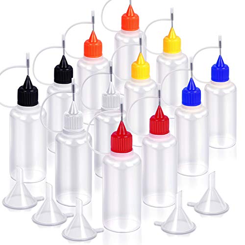 12pcs Precision Tip Applicator Bottles with 5 Mini Funnels, YGDZ 30ml Needle Tip Squeeze Glue Bottles for Paint Quilling Craft, 6 Colors - color: Colored Tip