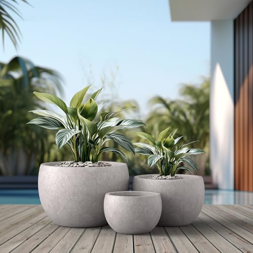 Kante Set of 3 CON Gray Concrete Bowl Planters 19.9" 15.7" 11.8" Dia - color: Light Gray, size: 19.9"D + 15.7"D + 11.8"D