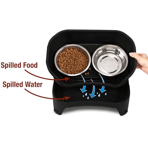 Neater Feeder - Express Model w/ Slow Feed Bowl - Mess-Proof Dog Bowls (M/L, Black) Made in USA – Elevated, No Spill, Non-Tip, Non-Slip, Raised Stainless Steel Food/Water Pet Bowls Aid Digestion - color: Midnight Black, size: Medium to Large w/ Metal Slow