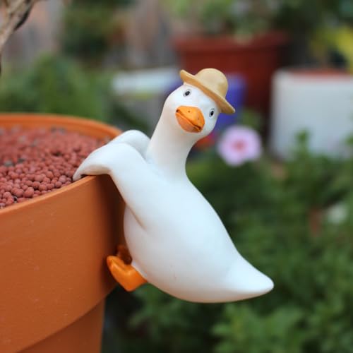 Set of 3 Cute Climbing Duck Garden Statues Flower Pot Hugger, Funny Resin Hanging Goose Figurines Outdoor Planter Pot Decorations for Home Patio Lawn Yard Ornaments