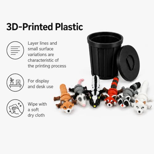 3D-Printed Woodland Animal Figurines, 8-Piece Articulated Raccoon, Fox, Skunk, Opossum, Red Panda and Arctic Fox Set with Black Trash Can - color: Black