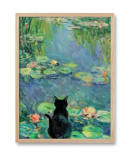 HesenDot 12x16in Claude Monet Waterlily Cat Framed Wall Art, - color: Framed Full Monet Waterlily Cat