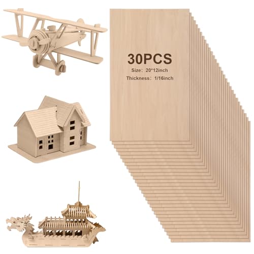Sasylvia 30 Pcs 12 x 20 x 1/16 Inch Basswood Sheets for Crafts Plywood