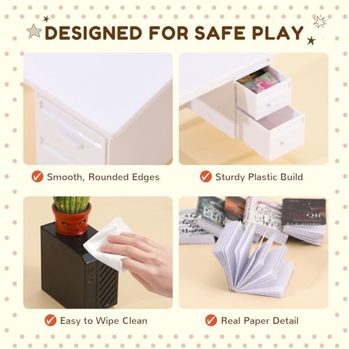 1:12 Scale Mini Desk Set with 100 Mini Books & 2 Bookshelves — Miniature Dollhouse Furniture Set with Office Chair, Computer & 15+ Accessories — Mini Desk Accessories for Doll House Diorama - color: Modern White