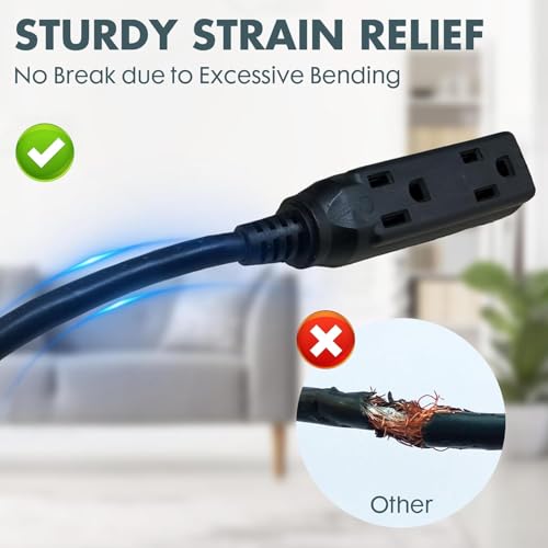 30 Ft Black Flat Plug Extension Cord with 3 Outlets, 16 Gauge Heavy Duty - color: Black, size: 30 FT