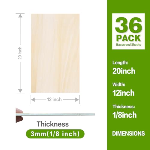 Basswood Sheets 20"x12"x1/8",3mm Basswood for Laser Cutting,Thin Plywood Board Unfinished Wood for Crafts, DIY Architectural Models Making, Wood Engraving (20inchx12inch-1/8-36Packs) - size: 20inchx12inch-1/8-36Packs