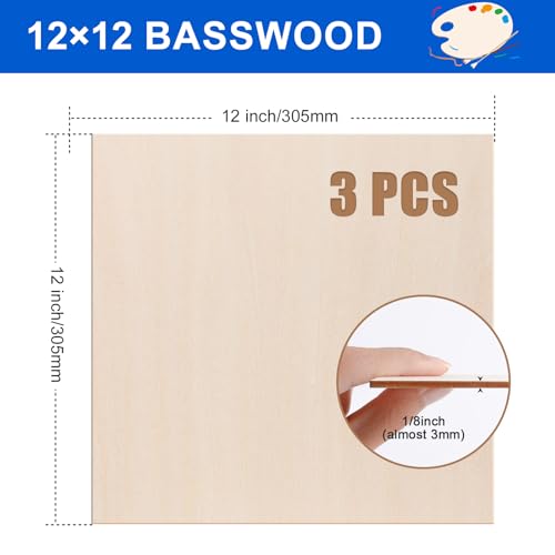 3 Pack Basswood Sheets 1/8"x12"x12", 3mm Basswood for Laser Cutting and Engraving,Thin Plywood Board Unfinished Wood for Crafts, DIY Ornaments and Architectural Model, Wood Burning. - size: 12x12in