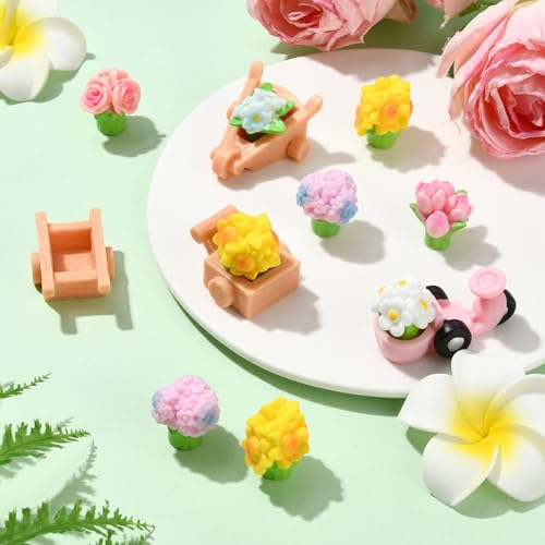 Stiesy 40 Pcs Resin Flower Cart Sets Miniature Floral Figurines Garden Decor for Fairy Garden Terrarium Landscape Dollhouse Display Accessories - color: Flower & Cart-40pcs
