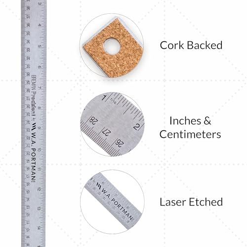 WA Portman Metal Ruler 18'', Metric Edge Corkback Stainless Steel Ruler