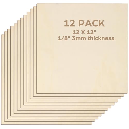 LotFancy Basswood Sheets for Craft, 12 Pack, 12 x 12 x 1/8 Inch, 3mm Thick Plywood Sheets, Unfinished Wood Boards for Laser Cutting & Engraving, DIY Architectural Models, Wood Burning and Stain - size: 12 x 12 x 1/8 12pcs