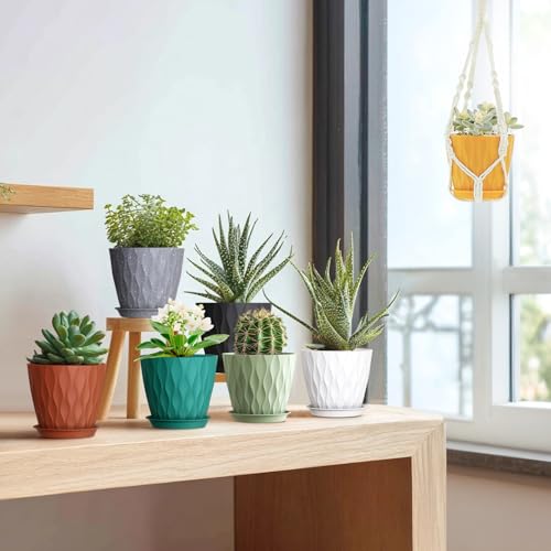 Meowell 5 inch Plant Pots for Indoor Outdoor Plants, 6 Pack Thick Nursery Pots with Drainage Holes and Saucers, 3D Modern Wave Texture Small Plastic Planter Flower Pots for Succulent, Herb, Black - color: Black, size: 5 inch 6 pieces