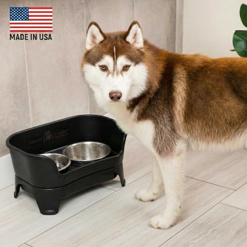 Neater Feeder - Express Model w/ Slow Feed Bowl - Mess-Proof Dog Bowls (M/L, Black) Made in USA – Elevated, No Spill, Non-Tip, Non-Slip, Raised Stainless Steel Food/Water Pet Bowls Aid Digestion - color: Midnight Black, size: Medium to Large w/ Metal Slow
