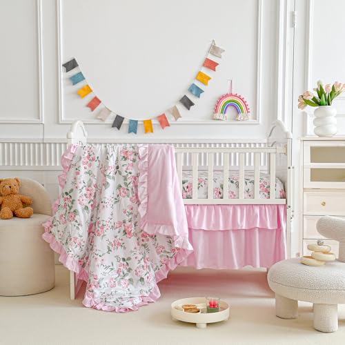 3 Pieces Pink Rose Flowers Mini Crib Bedding Set Baby Ruffled Quilted Comforter with Fitted Sheet and Bed Skirt - Cute Ruffled Shabby Chic Baby Girls Bedding Soft Blanket Floral Design - color: Rose Flower, size: 3 Pieces Mini Crib