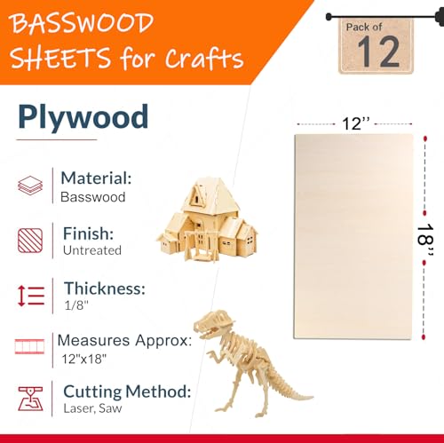 Yaliuliu 12 Pack Basswood Sheets 12"x18"x1/8" for Crafts - 3mm Unfinished Wood Plywood Crafts, Ideal for DIY Ornaments, Engraving, Staining, Model Carving, Burning, Laser Cutting,Balsa Wood Sheet