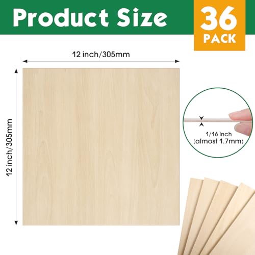 36 Pack Basswood Sheets 1/16x12X12Inch,Plywood Sheets for Crafts.Unfinished Wood Boards for Laser Cutting & Engraving,Burning,Balsa Wood Sheet for Painting. - size: 36P 12x12x1/16in