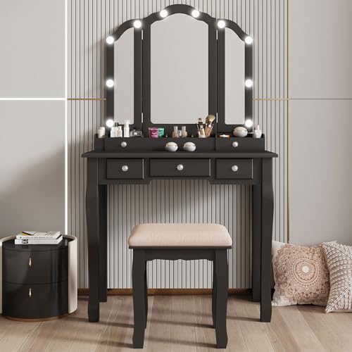 Vanity Desk with Mirror and Lights Makeup Vanity with Lights Table with Light Makeup Vanity with Drawers Black Girls Vanity Set with Mirror and Stool - style: Black