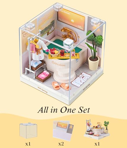 Japanese Hot Spring Bathroom Super Miniature House Kit - DIY Plastic 3D Model Building Set for Teens, Build Your Own Spa Bathroom with Dustproof Case, Creative Craft Gift for Girls Women - color: Hot Spring, size: Small
